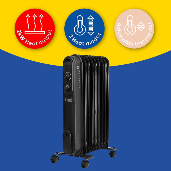 Russell Hobbs 1500W/1.5KW Oil Filled Radiator, 7 Fin Portable Electric Heater - Anthracite, Adjustable Thermostat, 3 Heat Settings, Overheat Protection, 15m sq Room Size, 2 Year Guarantee RHOFR7004A