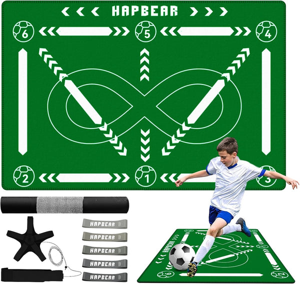 HAPBEAR Football Training Mat – 0.5 cm Thick Anti-Slip, No-Curl Football Mastery Mat with Free Juggling Belt, Resistance Bands, Storage Bag & Workout Guide | Ideal Football Gift for Boys & Kids