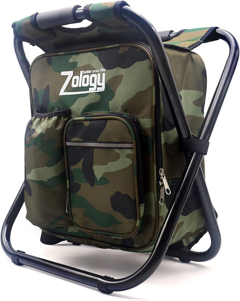 Zology Folding Camping Chair Stool Backpack with Cooler Insulated Picnic Bag, Camouflage Portable Hiking Seat Table Bag for Outdoor Indoor Fishing Travel Beach BBQ