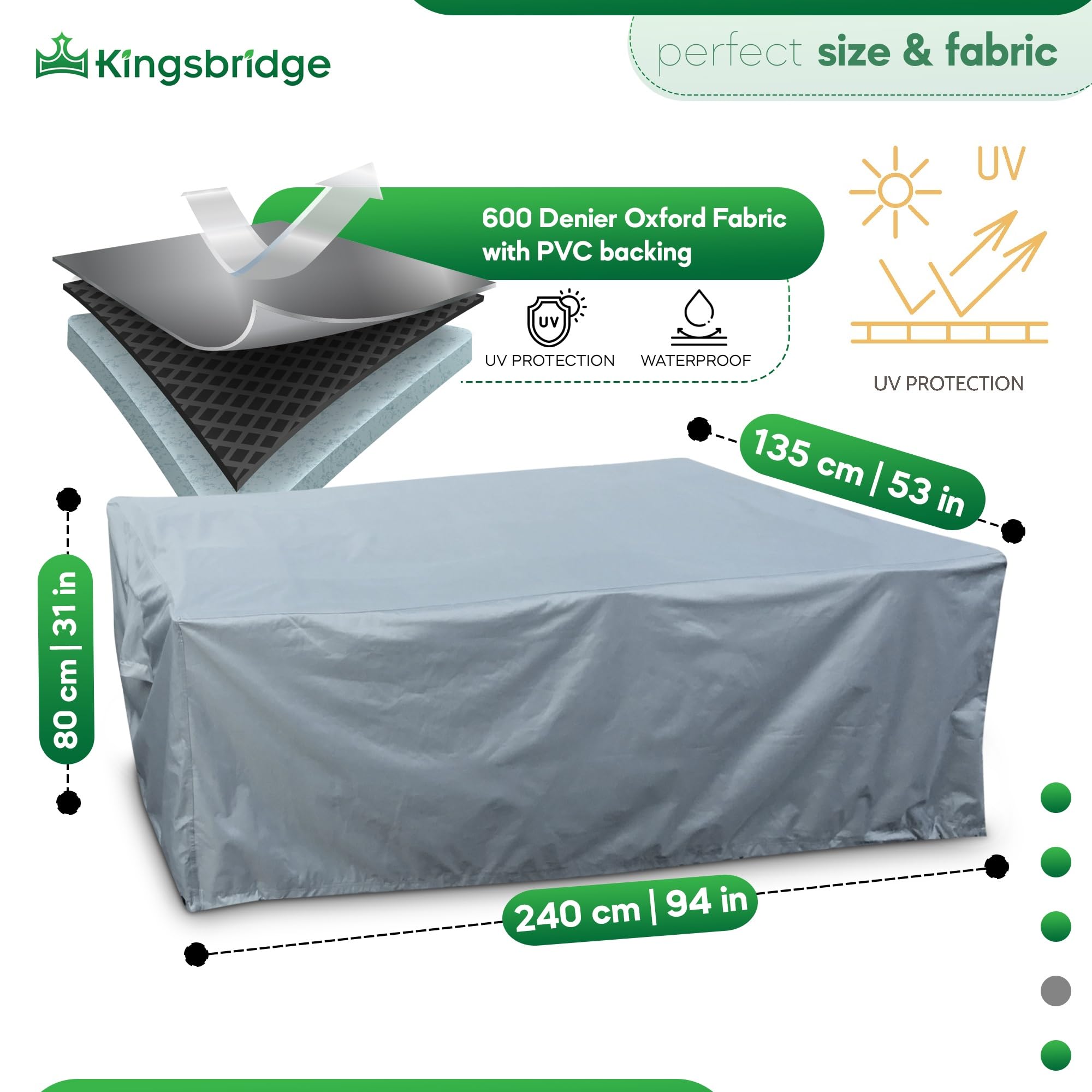 Kingsbridge Rectangular Garden Furniture Table Cover 600D Heavy Duty Fabric, Double Stitching, Waterproof, Anti UV, Breathable, Rip Proof, Grey