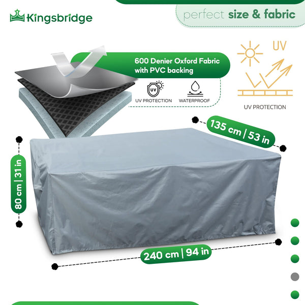 Kingsbridge Rectangular Garden Furniture Table Cover 600D Heavy Duty Fabric, Double Stitching, Waterproof, Anti UV, Breathable, Rip Proof, Grey