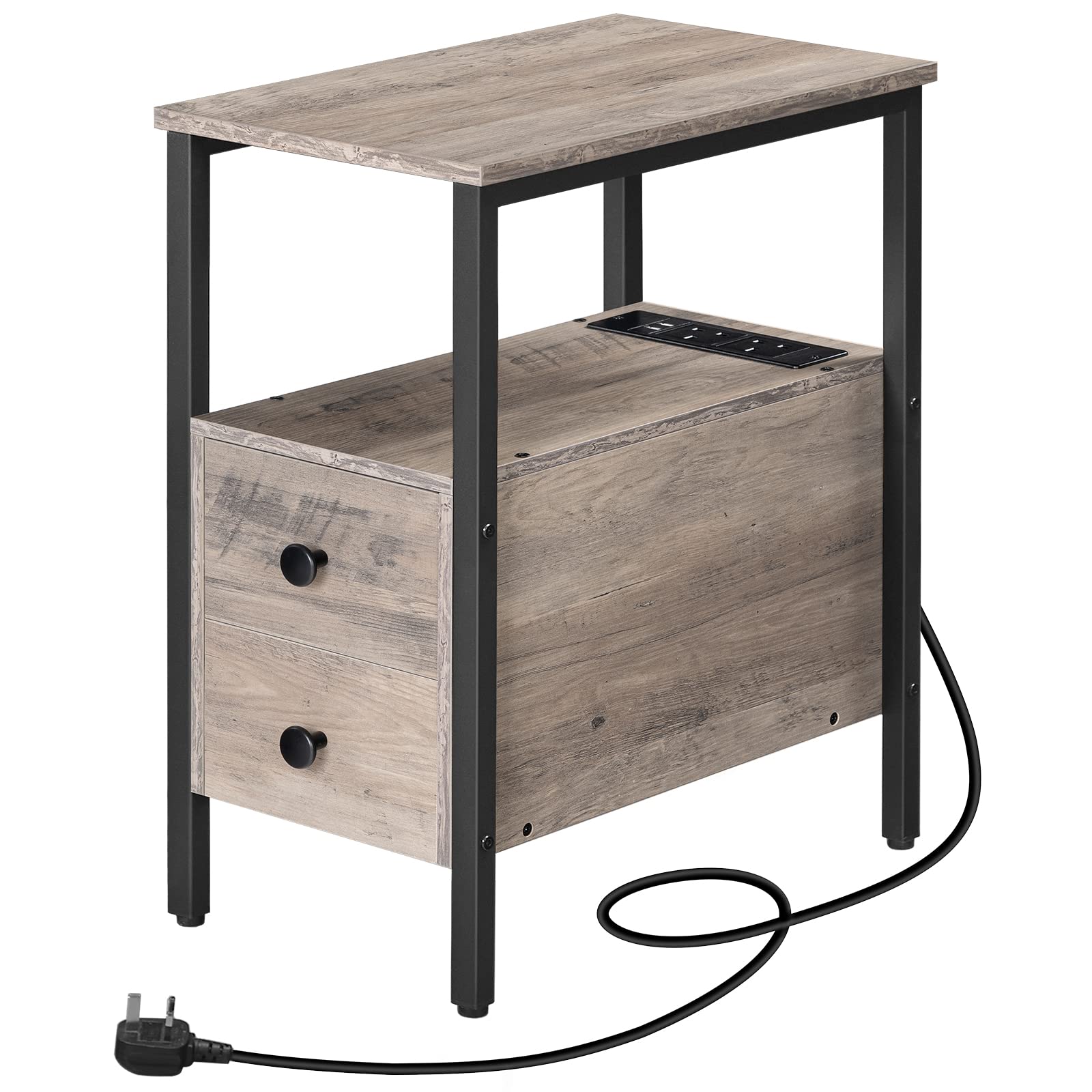 HOOBRO Side Table, Narrow Bedside Table with Charging Station, USB Ports and Power Outlets, Slim Side Table for Small Spaces, 2 Drawers, Industrial