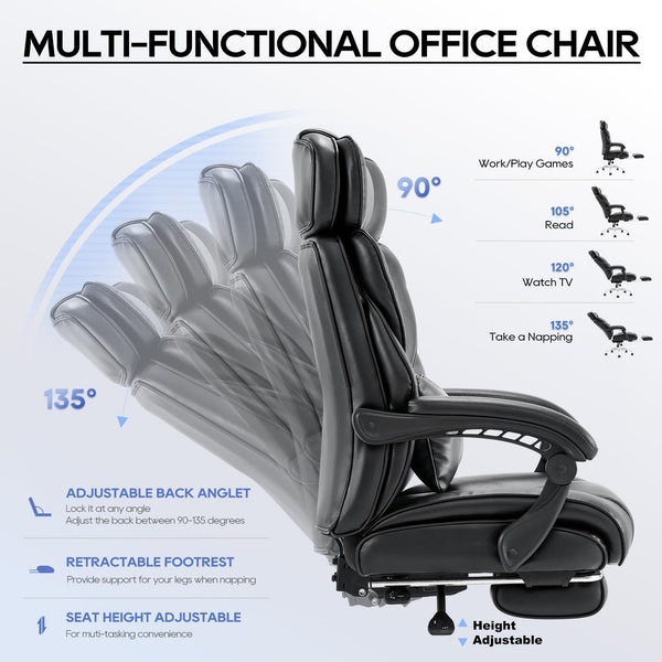 COLAMY Executive Office Chair with Footrest - Ergonomic High Back Design, Thick Bonded Leather Computer Chair with Removable Lumbar Pillow, Recliner Desk chair for Home Office Work Comfort (Black)