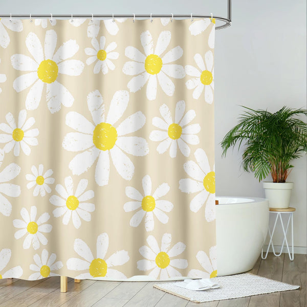 AIBIIN Beige Daisy Shower Curtain Cute White Flower Bath Curtain Bathroom Decor Durable Waterproof Polyester Material with 12 Hooks 180x180cm