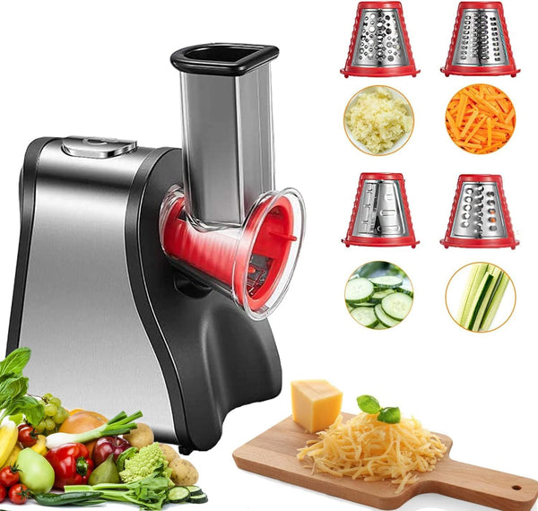 FOHERE 4 in 1 Electric Vegetable Grater 150W Electric Grater for Fruit and Vegetables, Multi Salad Maker with 4 Interchangeable Cones Ideal for