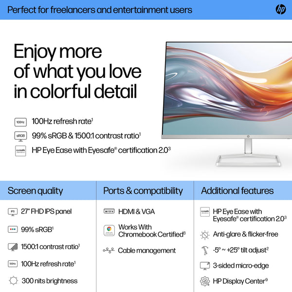 HP Series 5 27" FHD Height Adjust Monitor (527sh) - 100Hz Refresh Rate, 1500:1 AR, 99 percent sRGB Spectrum, 300 Nits Brightness - HDMI, VGA Ports - Ergonomically Adjustable - Responsibly Made
