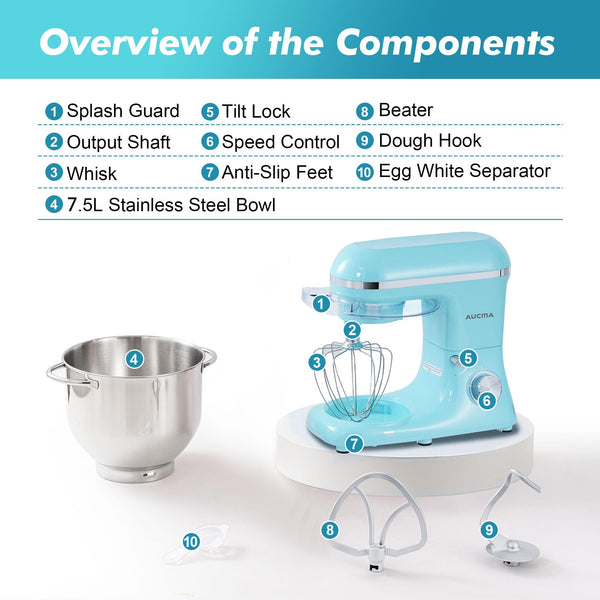Aucma Stand Mixer, 6.2L Food Mixers for Baking, Electric Kitchen Mixers with Bowl, Dough Hook, Wire Whip & Beater (6.2L, Black)