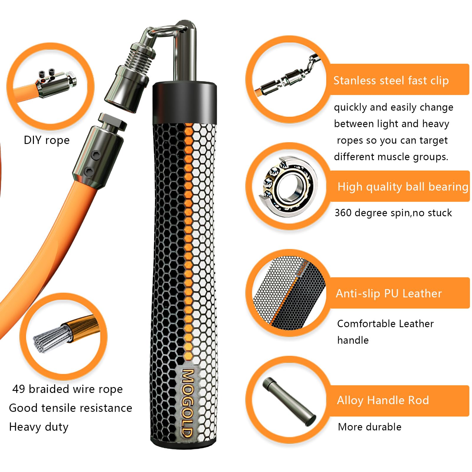 Mogold Weighted Jump Ropes for man&women fast clip interchangeable 1/4LB 1/2LB 1LB heavy jump ropes , Ball Bearing Design ? Weighted, Length