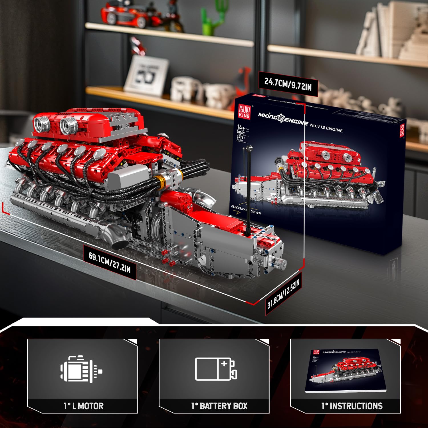 Mould King V12 Engine Building Block Sets, V12 Engine Model Kit That Runs, MOC Engineering Model Building Kit with Battery and Motor, Engineering Building Blocks for Adults (3472 PCS)