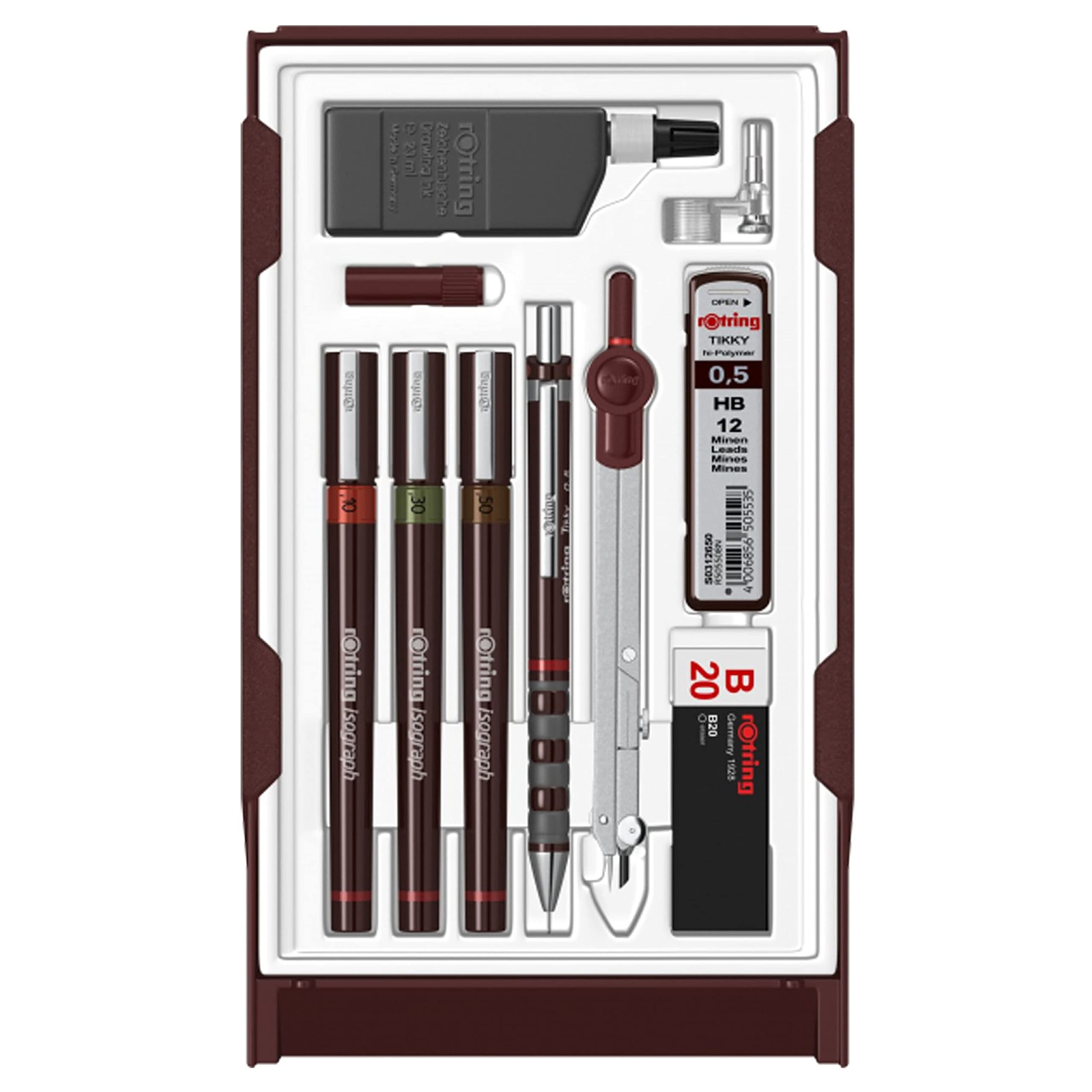 rOtring Isograph Pen Set Technical Pen & Pencil College Set | 3 Pens (0.20mm0.30mm0.50mm) and Mechanical Pencil (0.5mm) + Accessories