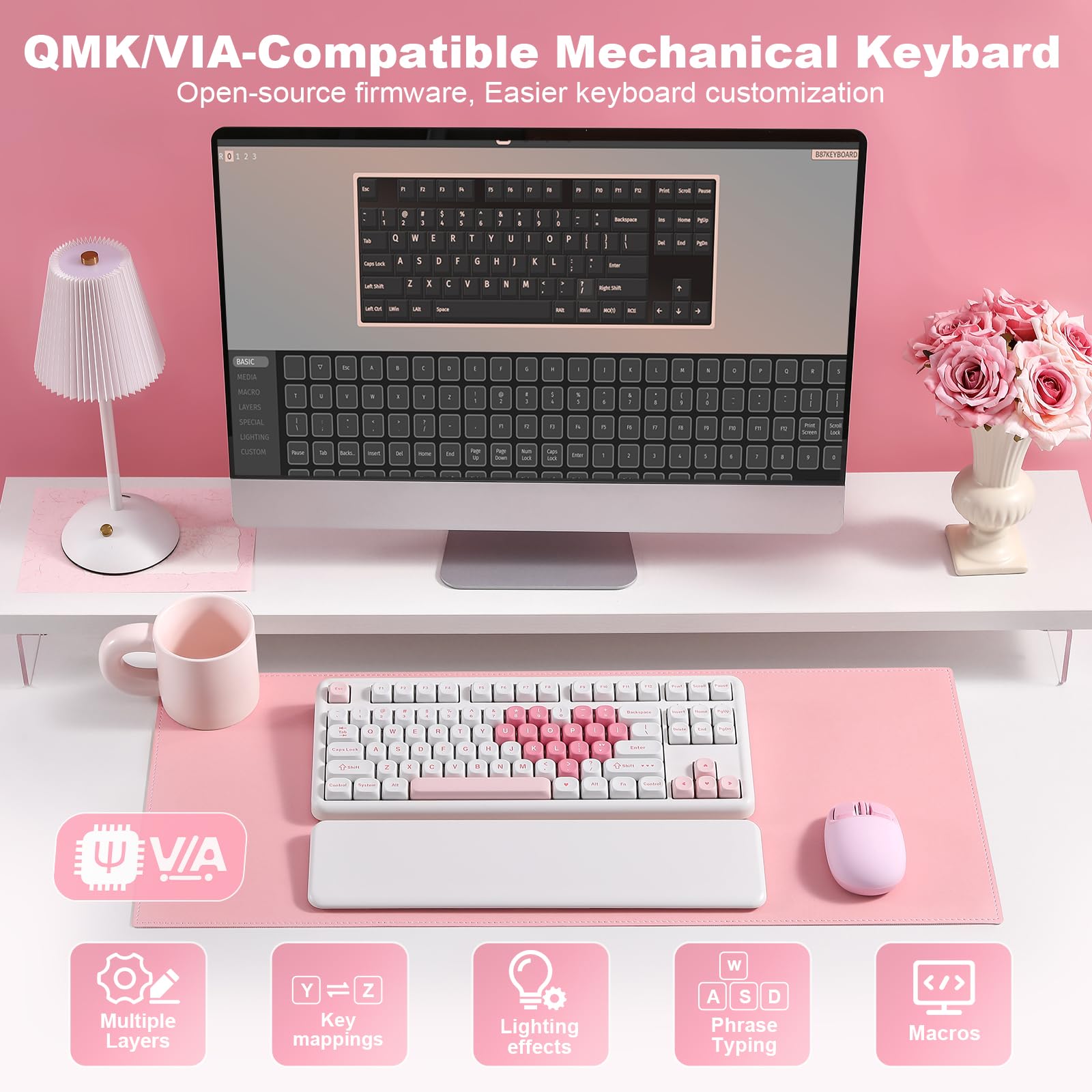 YUNZII B87 Wireless Mechanical Keyboard,QMK/VIA Software Custom Gaming,Gasket RGB Keyboard with Cute MOA Keycaps,Wrist Rest,BT5.0/2.4G/USB-C NKRO for Win/Mac (butter, milk v2 linear)