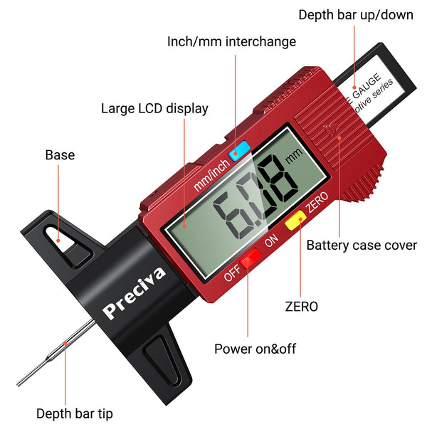 Tyre Tread Depth Gauge, Preciva Silver 0-25.4mm/Inch Digital Tire Checker UK, Tyres Depths Measuring Tool with Large LCD Screen for Cars, Trucks, Vans