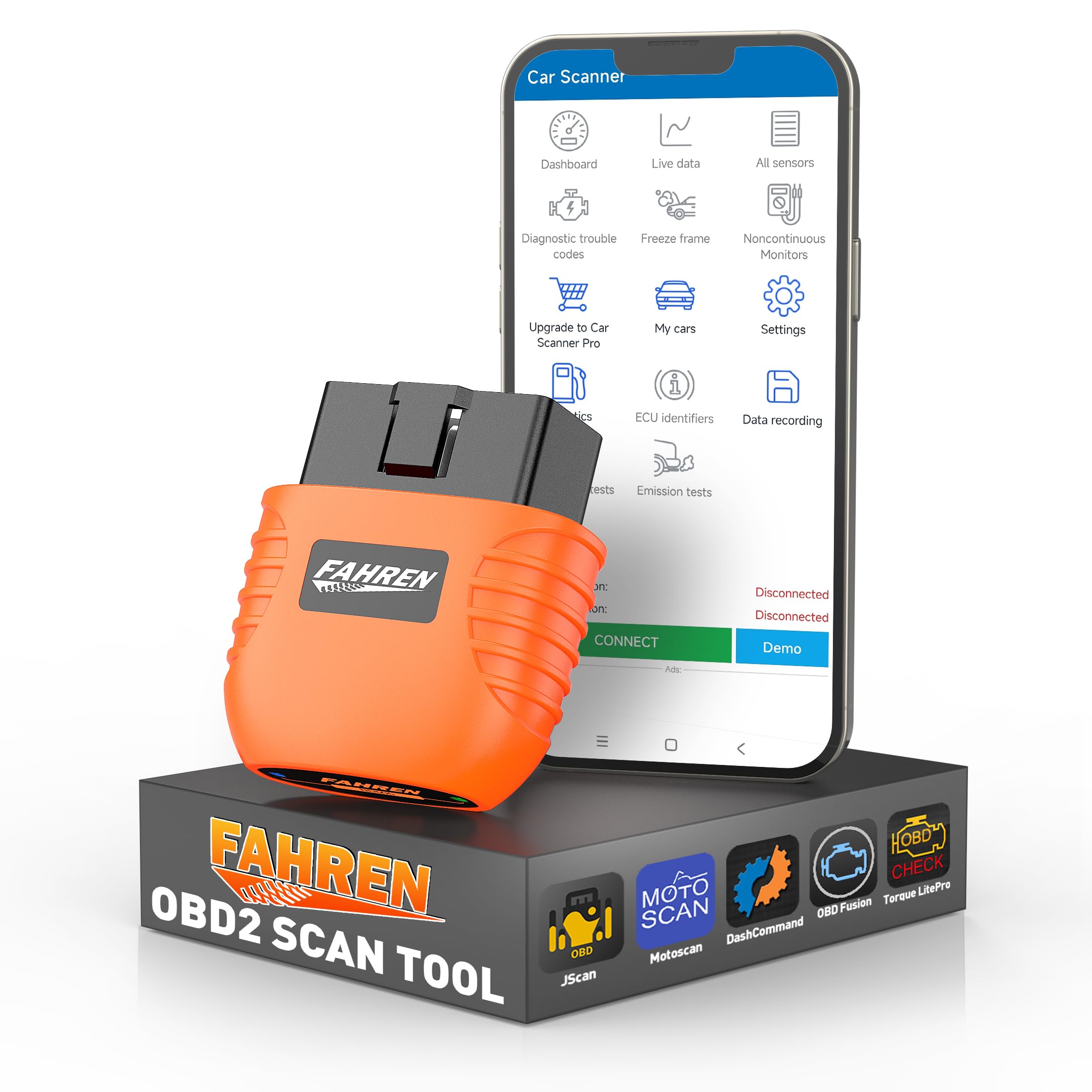 FAHREN OBD2 Scanner, Car Diagnostic Tool - Bluetooth Wireless OBD2 Code Reader for iOS Android, Supports Live Data, Full System Scan, Performance Test, 6 Essential Reset Services, 20+ Apps Compatible