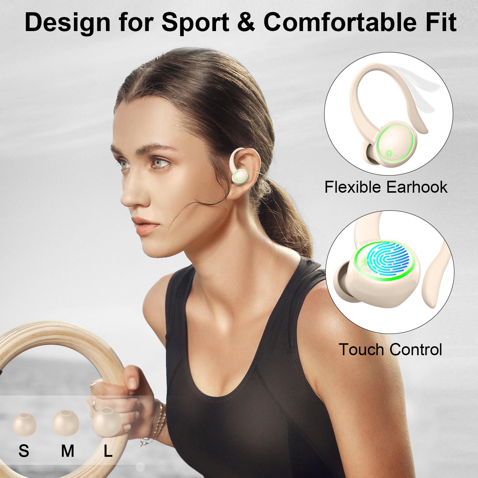 Wireless Earbuds, Bluetooth 5.4 Headphones, 50H+ Playtime Stereo Noise Canceling Headphones with 4 ENC Mic, Sport Ear buds with Earhooks, IPX7 Waterproof Wireless Earphones for Sport/Running/Gym