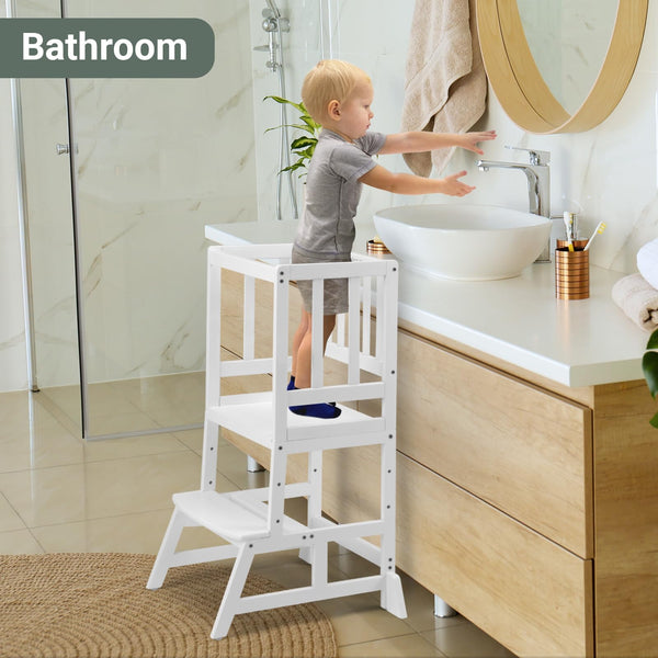 COSYLAND Height Adjustable Kids Kitchen Step Stool with Anti-tip Support Corners - Kids Standing Tower for Kitchen Counter, Bathroom, Nursery (Black)