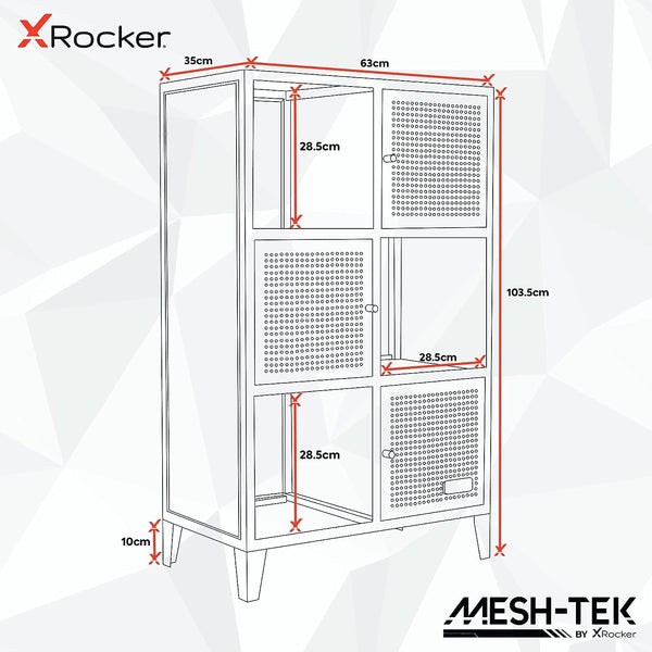 X-Rocker Mesh-Tek Tall 6 Cube Storage Unit, Bookcase Display Cabinet with 3 Cupboard Doors and 3 Shelves, Metal Sideboard Locker - Black & Red