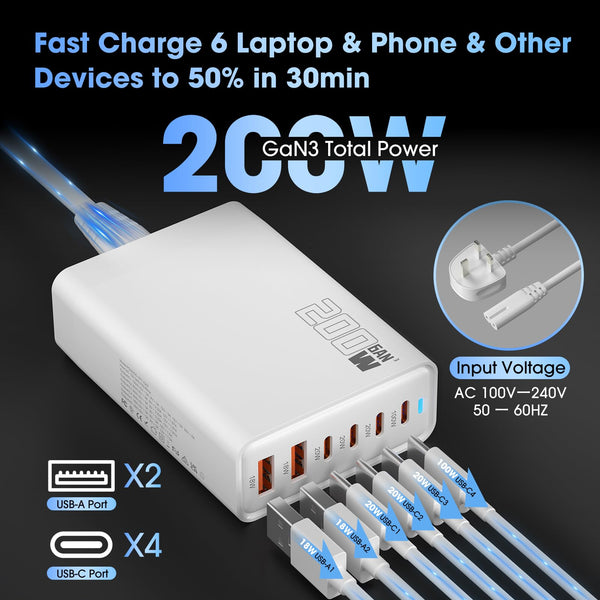 200W 6-Port USB Charging Station, PD 100W 65W 45W 20W 18W USB C GaN III Charger Laptop & Phone Fast Charger Plug, Compatible with MacBook Pro/Air,Dell XPS, iPhone 15/16/14/ Pro, iPads, Steam Deck