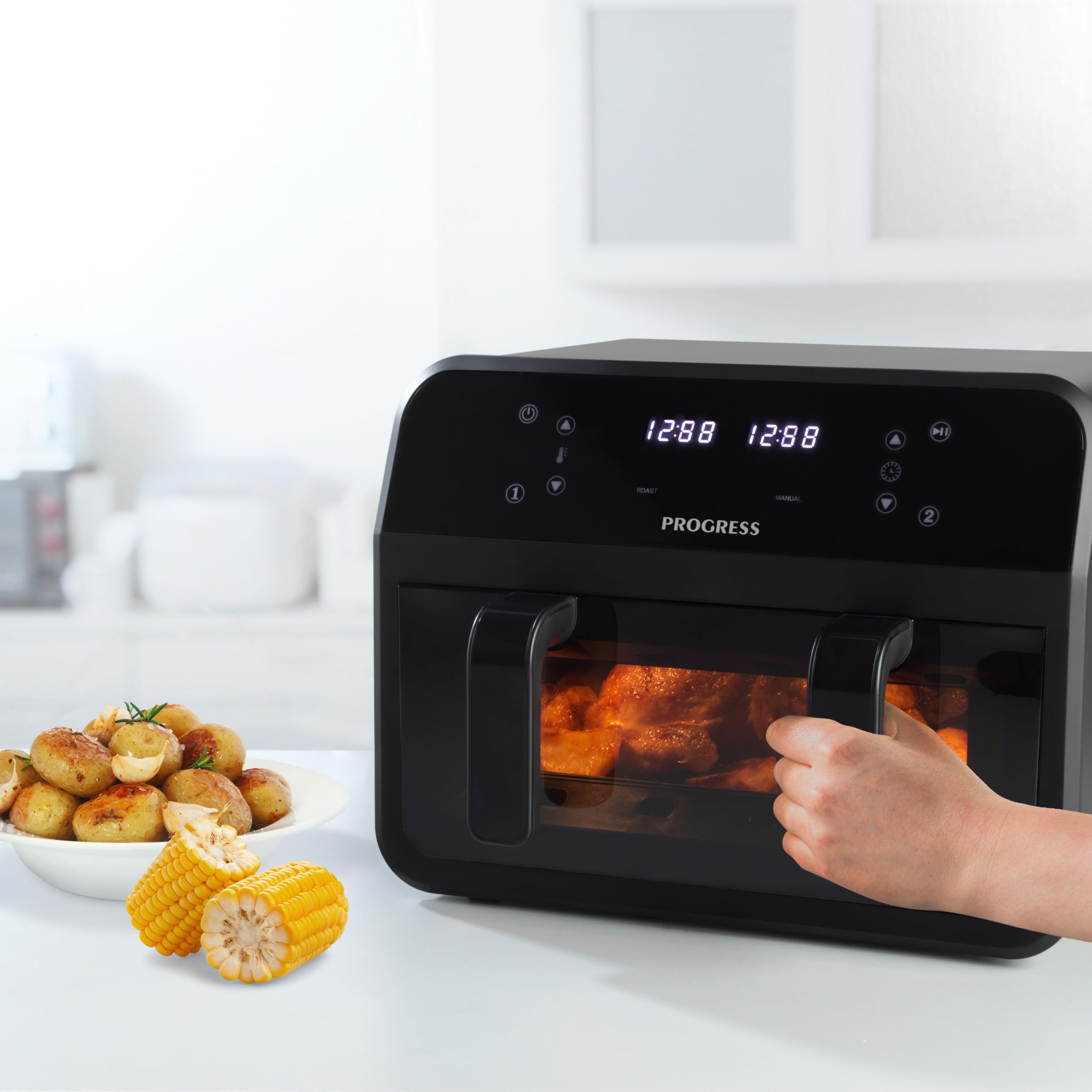 Progress Dual View Air Fryer ? 7 Litre, Non-Stick Cooking Basket, Removable Divider, Family Size Capacity, Viewing Window, Digital LED Touch Display,