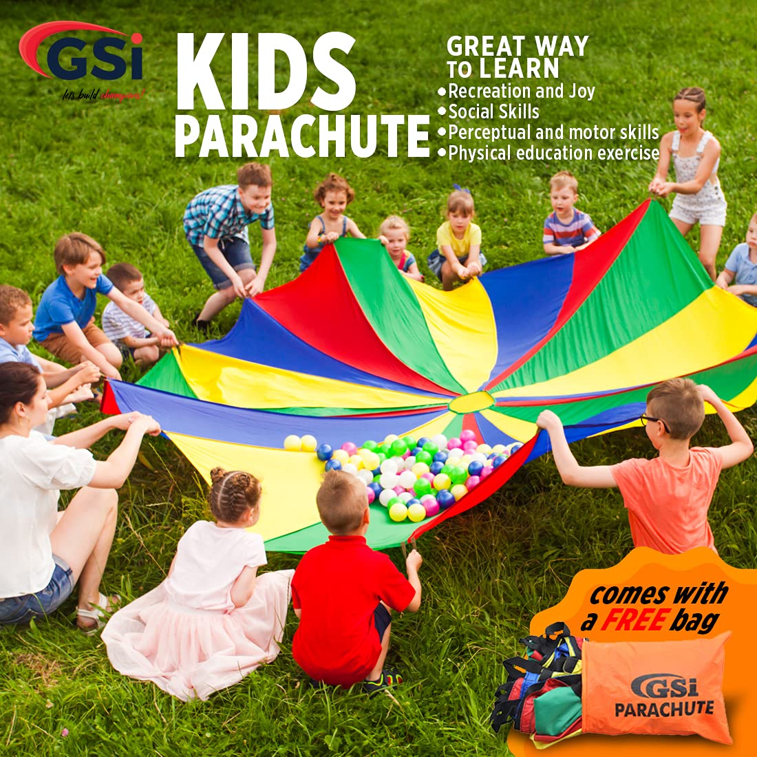 GSi Kids Play Parachute Rainbow Parachute Toy Tent Game for Children Gymnastic Cooperative Play and Outdoor Playground Activities (20 Feet)