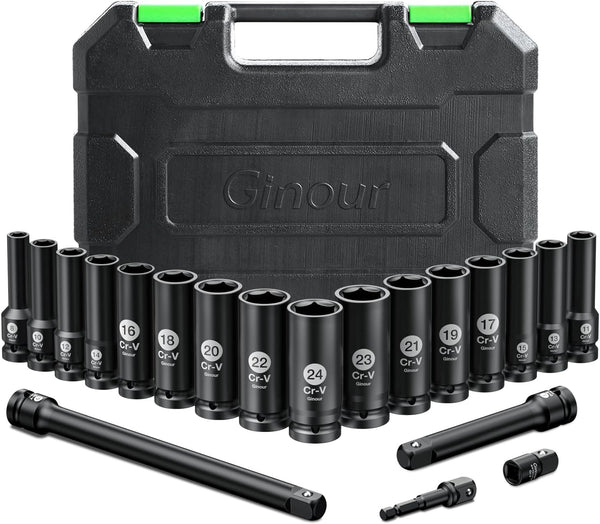 Ginour 20PCs Impact Socket Set 1/2 Inch, CR-V Drive Master Deep Impact Socket Set 8mm - 24mm, Metric, 6 Point, with 3pcs Drive Impact Extension Bar Set 3", 5",10"