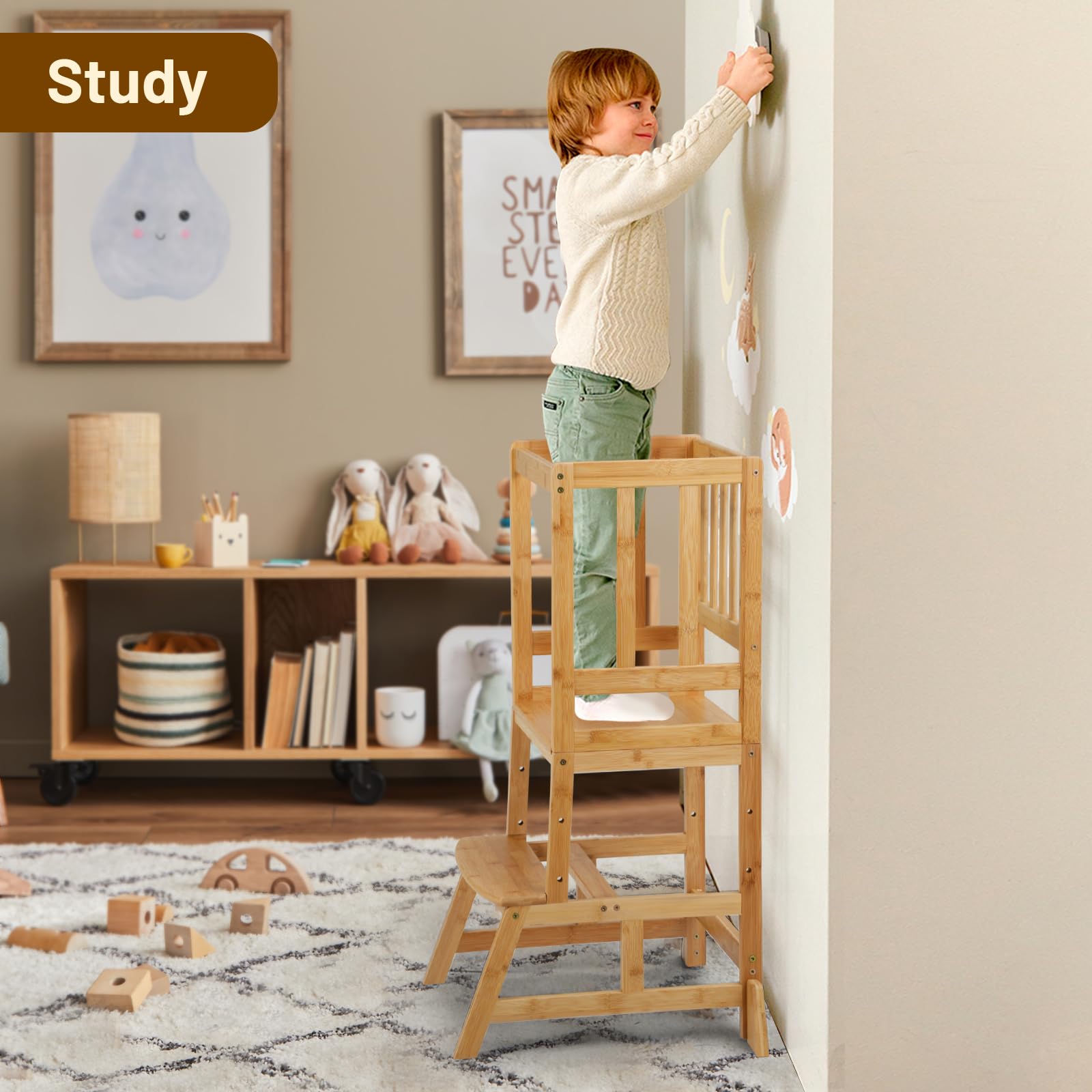 COSYLAND Height Adjustable Kids Kitchen Step Stool with Anti-tip Support Corners - Kids Standing Tower for Kitchen Counter, Bathroom, Nursery (Black)