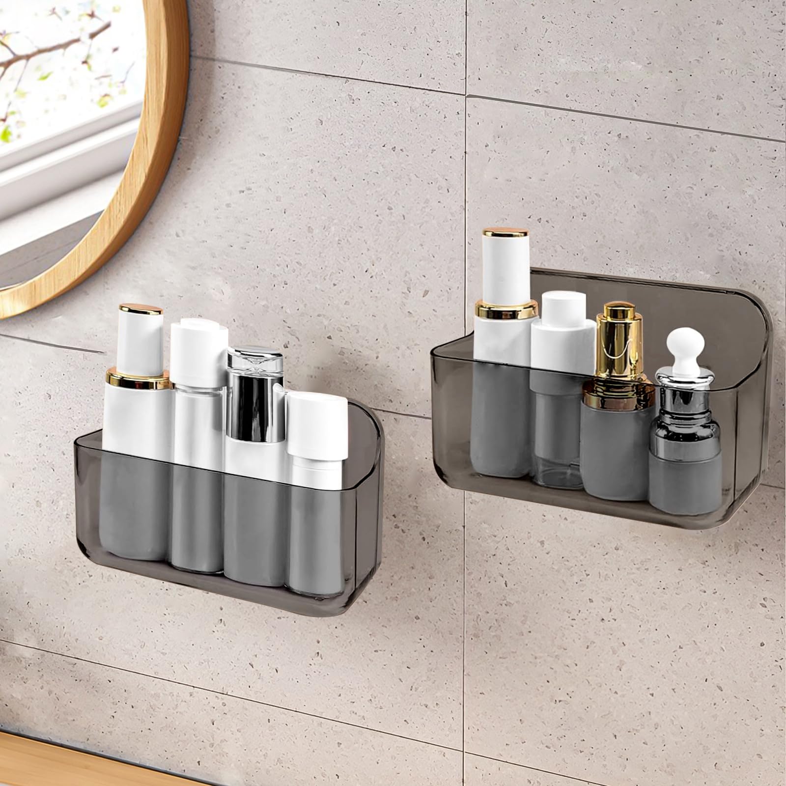 CGBE 2 Pack Bathroom Shelves, Acrylic Adhesive Shelf, No Drilling Shower Shelves Shower Rack for Bathroom/Kitchen Cabinet Door Organizer, Cleargrey