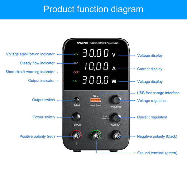 DC power supply (0-30V,0-10A) adjustable, switching power supplies, mini high precision 4-digit display with USB fast charging interface, variable lab bench power supply, output button/encoder knob