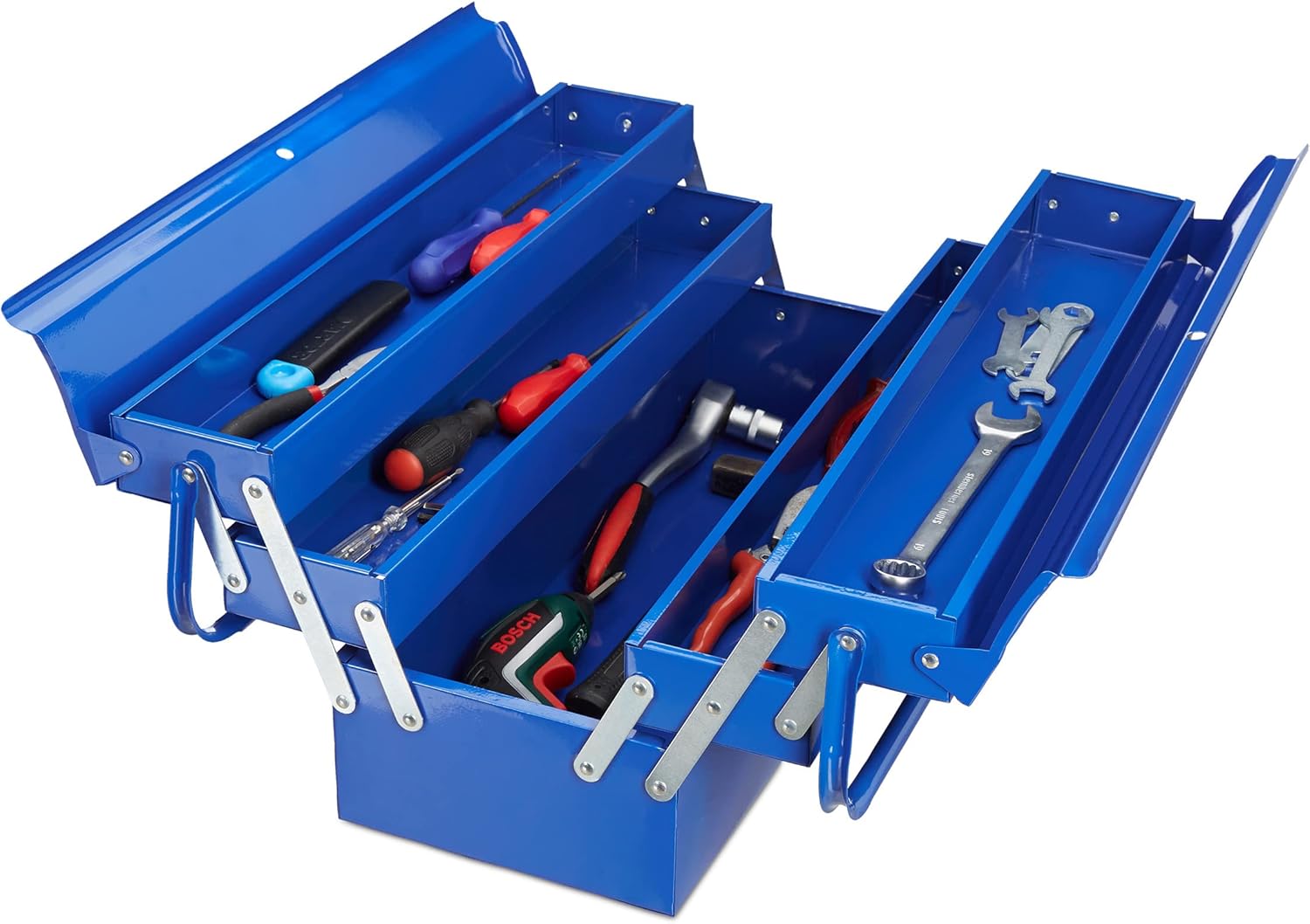 Relaxdays Empty Tool Box, 5 Compartments, With Handle, Metal, Lockable, Toolbox, HWD 21 x 53 x 20 cm, Blue
