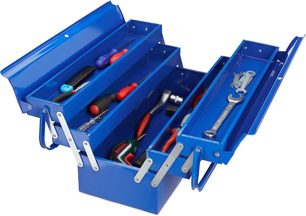 Relaxdays Empty Tool Box, 5 Compartments, With Handle, Metal, Lockable, Toolbox, HWD 21 x 53 x 20 cm, Blue