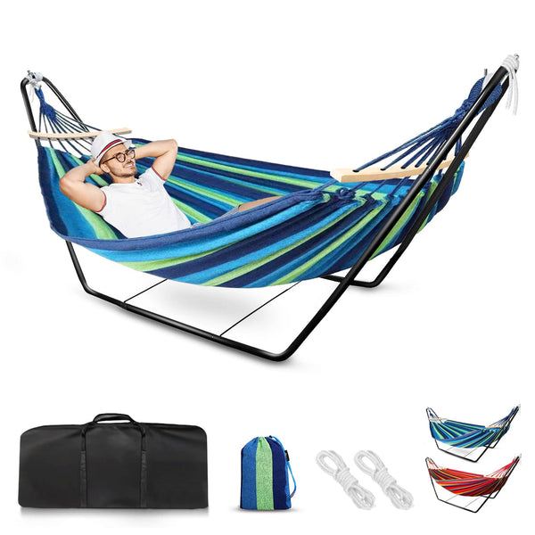 Hammock with Stand, Double Cotton Hammock with Spreader Bars, Space-Saving and Adjustable Steel Stand Perfect for Garden Camping Travel Backyard,