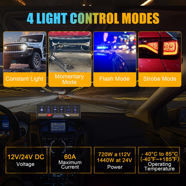 Chelhead 12V/24V Switch Control Panel RGB 6 Gang Dimmable Multi-Function Programmable Switch Panel Acc Battery Control Waterproof, Compatible with Truck Boat SUV RV Trailer Marine ATV UTV