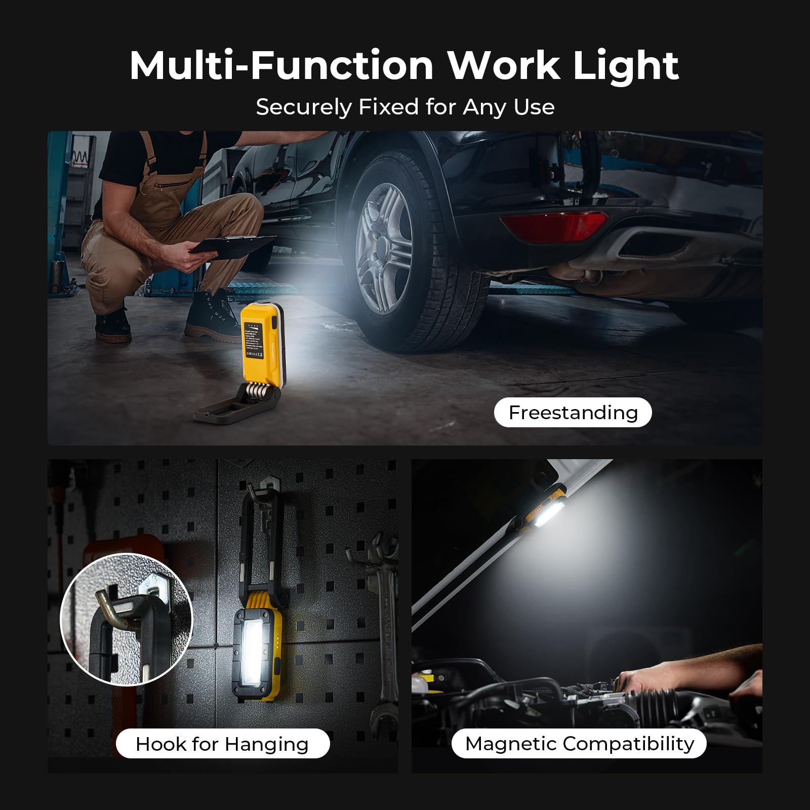 BougeRV WL01 PRO Work Light Rechargeable, 1500 Lumens Magnetic Inspection Light, Portable Lamp with 180° Rotating Stand & Hook, Multiple Lighting Modes for Car Repair, Camping, Outdoor, Emergency