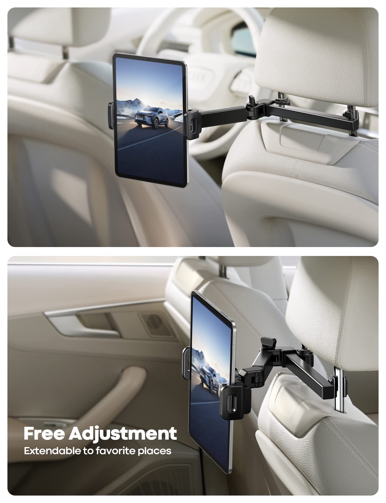 Lamicall Car Headrest Tablet Mount - [Aluminium Arm] 2025 Adjustable Car Tablet Holder, 360° Rotating Backseat Mount for Kids, for 2024 iPad Pro 13, Air 6, Mini, Tab, Phones, 4.7-13” Device - Black