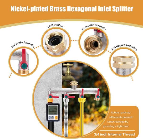 iBamso 4 Way Brass Hose Splitter, 3/4 Inch Tap Adapter Hose Pipe Tap Splitter Connection with 4 Individual Valves and Extended Handle for Outdoor