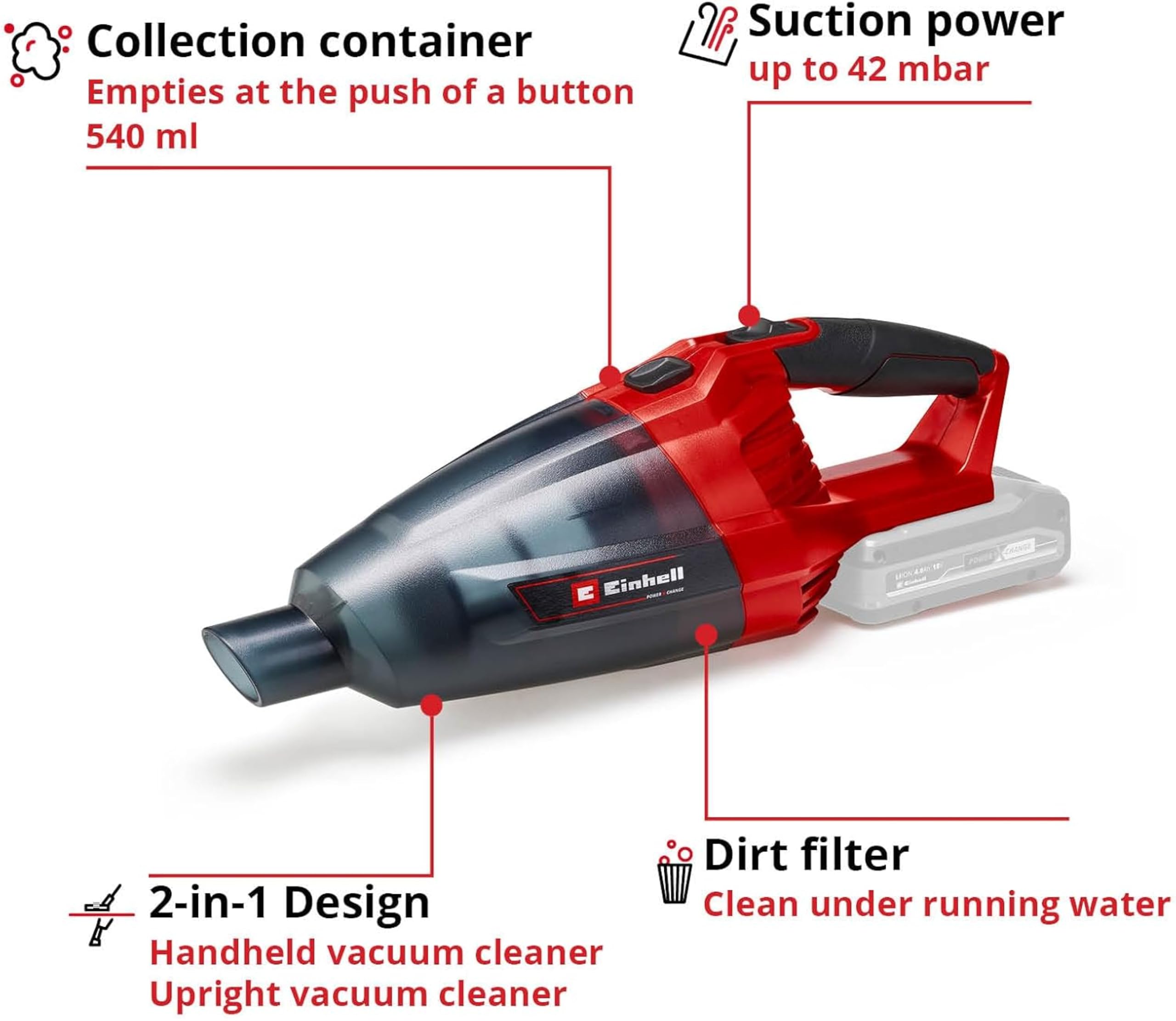 Einhell Power X-Change 18V Cordless Handheld Vacuum Cleaner - For Cleaning Floors, Stairs, Sofas, Cars And Caravans - TE-VC 18 Li Solo Rechargeable