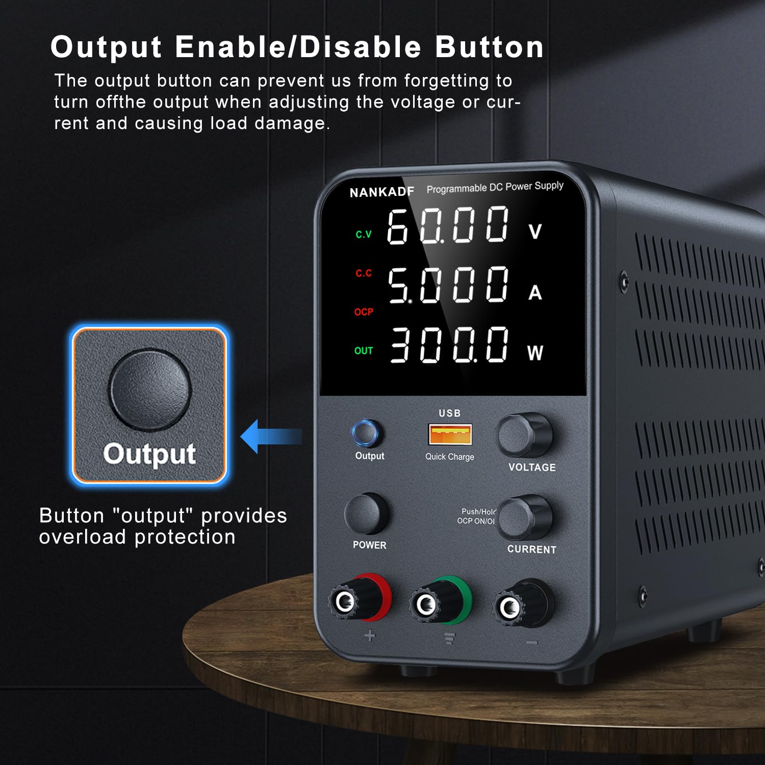 DC power supply (0-30V,0-10A) adjustable, switching power supplies, mini high precision 4-digit display with USB fast charging interface, variable lab bench power supply, output button/encoder knob