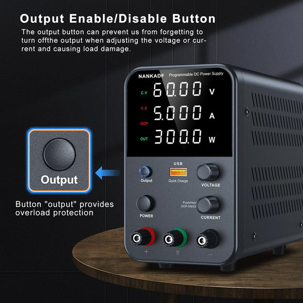 DC power supply (0-30V,0-10A) adjustable, switching power supplies, mini high precision 4-digit display with USB fast charging interface, variable lab bench power supply, output button/encoder knob