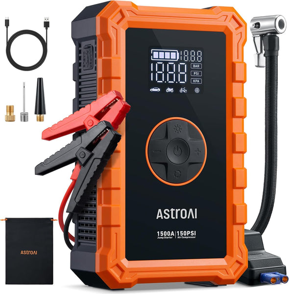 AstroAI S8Air Jump Starter and Tyre Inflator Power Pack, 1500A Car Battery Booster Jump Starter Power Pack (6.0L Petrol/3.0L Diesel) with 150PSI Air Compressor Auto-off Cordless Tyre Inflator