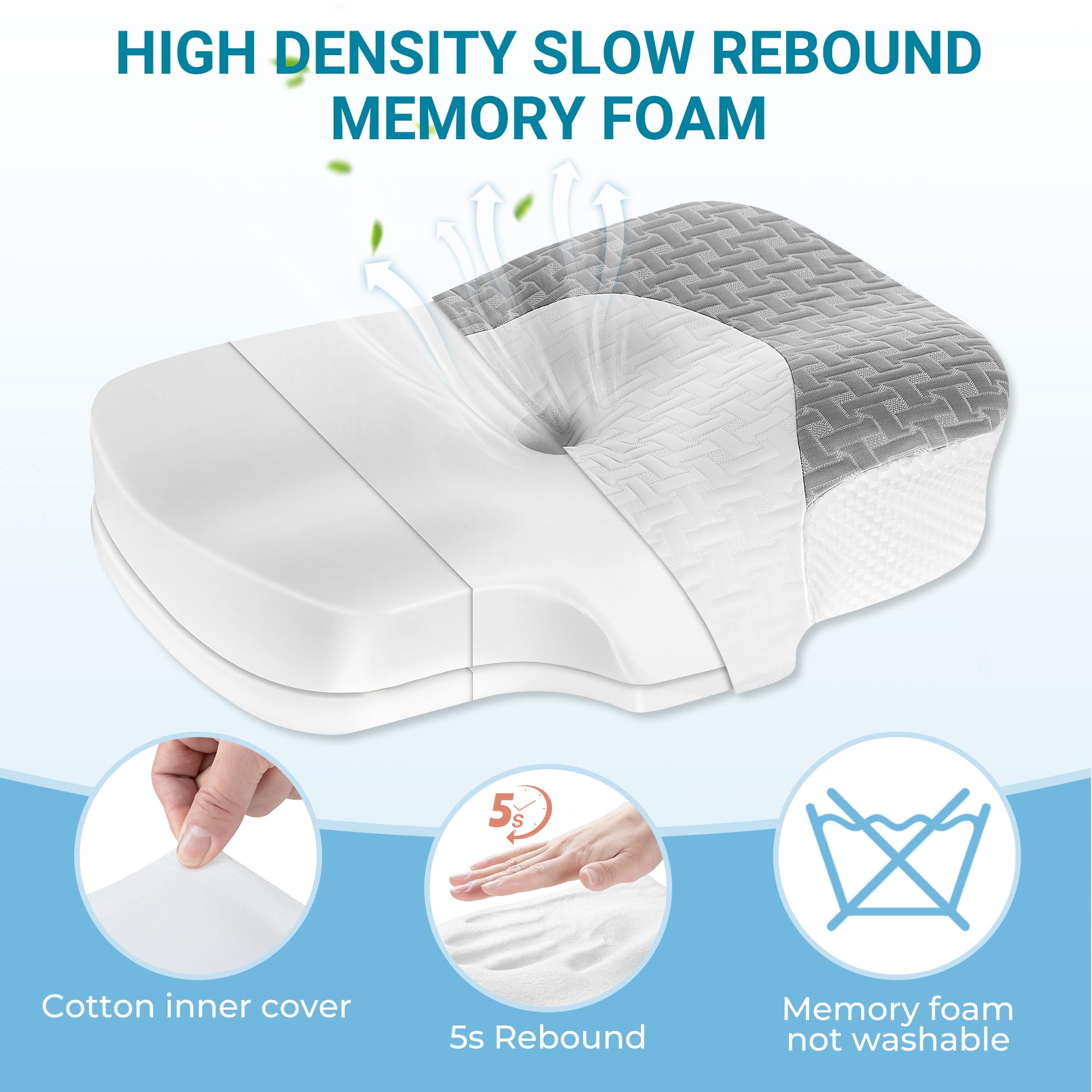 Elviros Cervical Memory Foam Neck Pillow for Side Sleeping, Orthopedic Pillows for Back and Stomach Sleepers, Adjustable Ergonomic Bed Pillow Pain Relief (White)