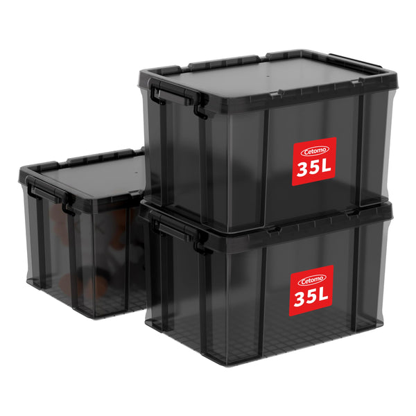 Cetomo 35L*3 Storage Boxes, Stackable Storage Box with Lids, Heavy-Duty Lidded Container with Reinforced Corners, Vertical Sides and Clip Closure,