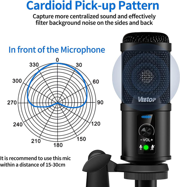 Veetop USB Microphone Metal Computer Condenser PC Mic for Gaming Podcasting Streaming Recording Voiceover YouTube Skype Twitch Zoom Cardioid with Tripod Compatible with Desktop Laptop Windows MacOS