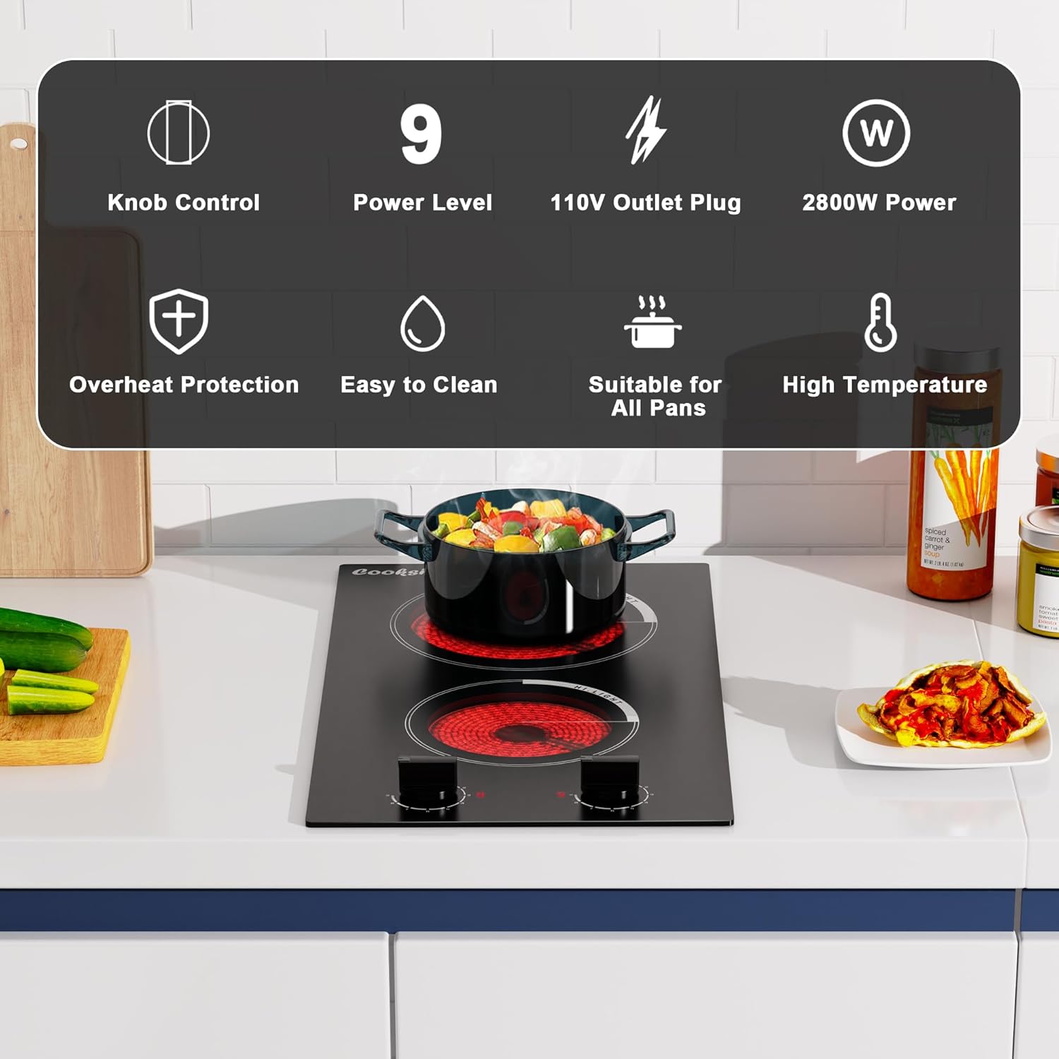 Cooksir Electric Hob 60cm, Ceramic Hob 4 Ring 6700W, Electric Hob 4 Zone with Expandable Dual and Oval Zone, Built-in Hob with Frame, Timer, Safety Lock, 220-240V(No Plug)