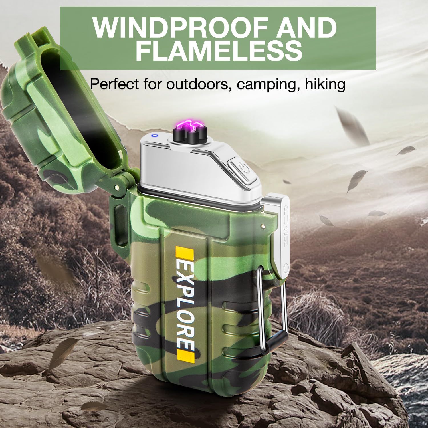 Electric Lighter Rechargeable USB, Electronic Plasma Arc Lighter Windproof and Waterproof for Hiking, Camping, Outdoor, Survival, Tactical, EDC Gear, Gifts for Him Men (Black)