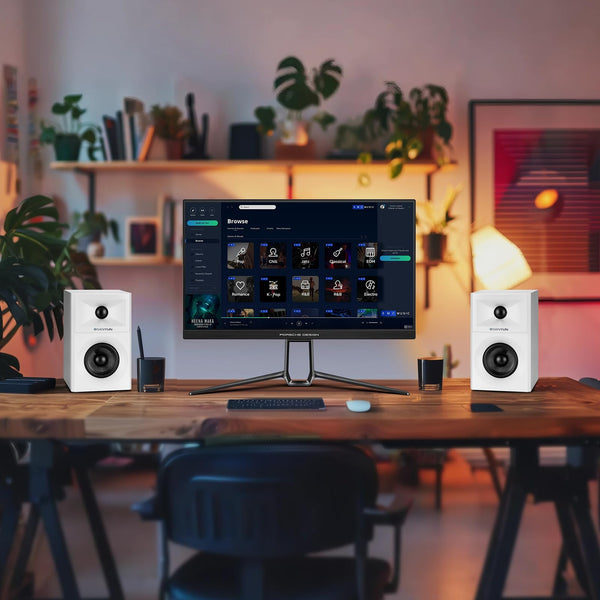 Sanyun SW203 4.0 Computer Speakers - 60W 4-Way DSP Control 3D Immersive Sound - 3" Carbon Fiber Woofer & 20mm Silk Dome Tweeter - 24bit DAC USB/Bluetooth 5.4/AUX - Studio-Grade Audio (Pair, Black)