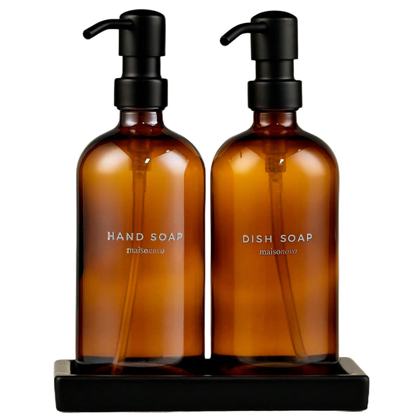 Maisonovo Kitchen Soap Dispenser Set | Hand and Dish Soap Dispenser Set with Handmade Ceramic Vanitry Tray and 16 Waterproof Labels | Amber Glass