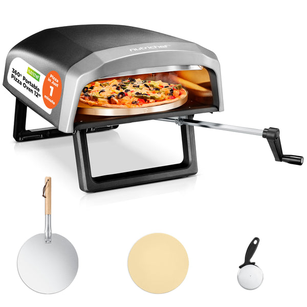 NutriChef Table Top Portable Outdoor Pizza Ovens – 12 inch Gas Pizza Oven, 360° Rotating Pizza Stone, Quick Heating Pizza Maker, Stainless Steel Pizza Grill, Ready Pizza in 60 Seconds, [Long Handle]