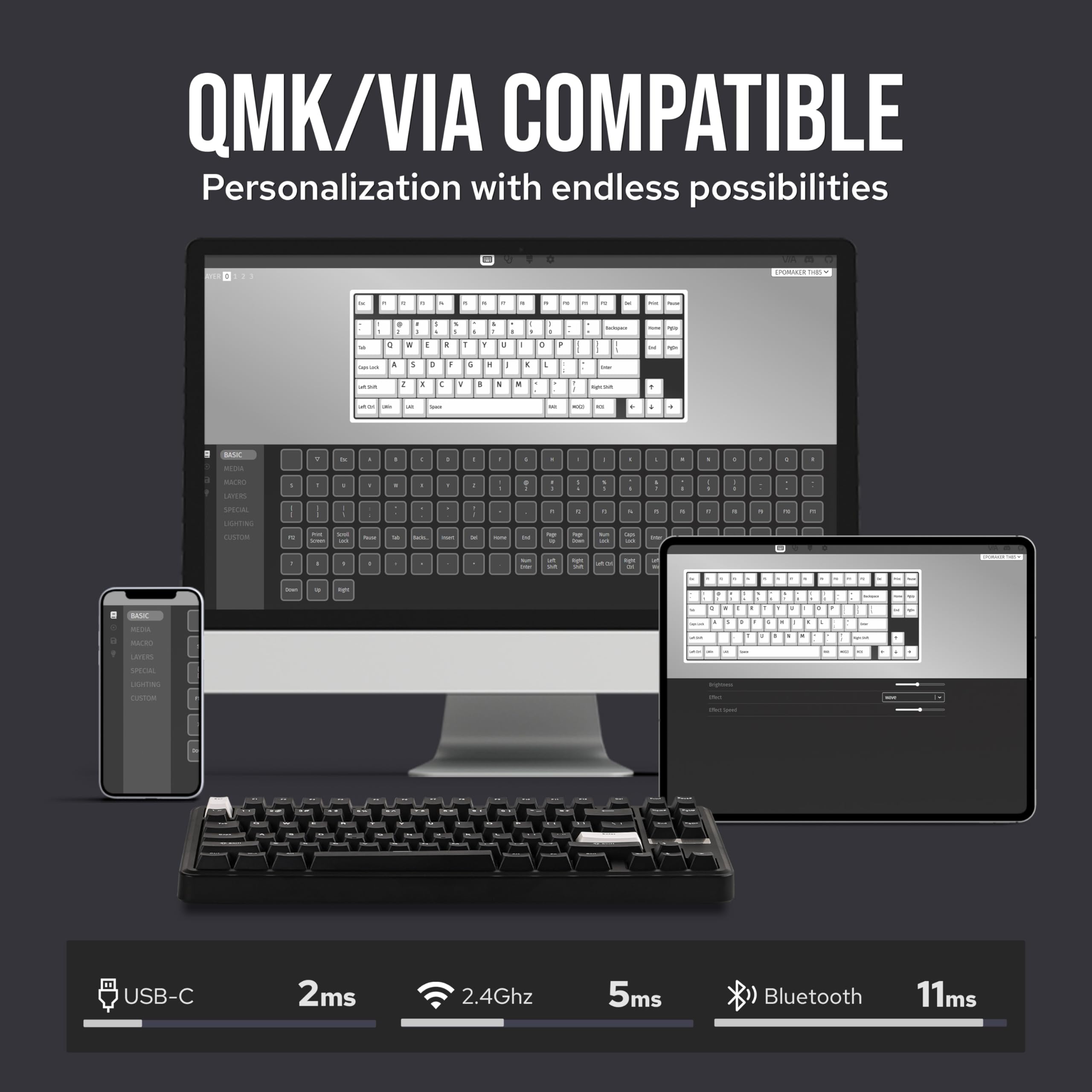 EPOMAKER TH85 QMK/VIA Mechanical Gaming Keyboard, BT/2.4Ghz Wireless, RGB, Hot-Swappable & Programmable Keys in US 75% Layout (Black&White, Creamy Jade Switch)