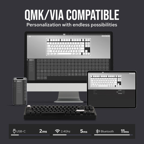 EPOMAKER TH85 QMK/VIA Mechanical Gaming Keyboard, BT/2.4Ghz Wireless, RGB, Hot-Swappable & Programmable Keys in US 75% Layout (Black&White, Creamy Jade Switch)