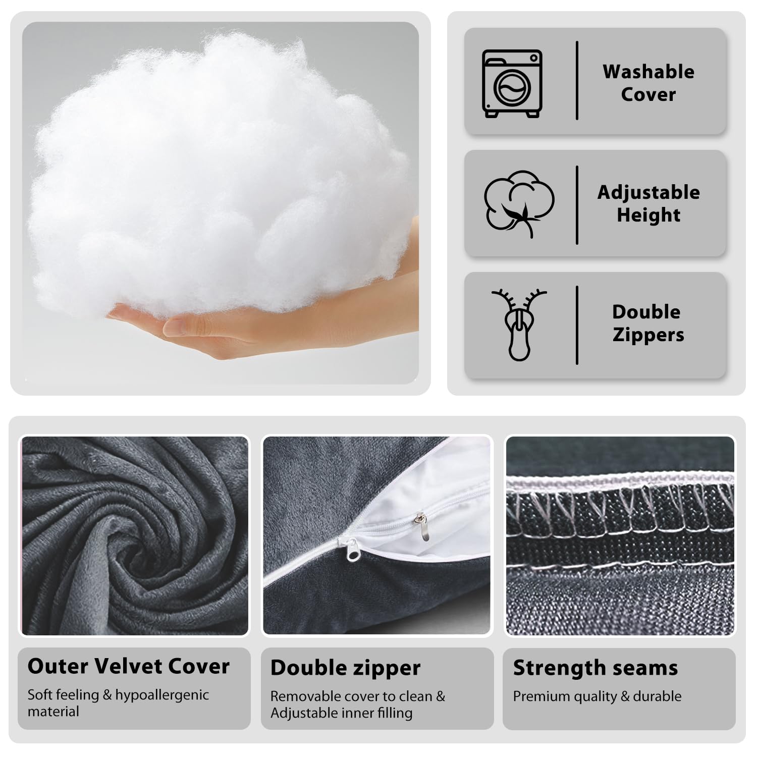 Chilling Home Pregnancy Pillows for Sleeping,U Shaped Maternity Pillow Pillow,55 inch Full Body Pillow Long Pillows for Sleeping, Maternity&Body Pillows for adults with Cover Velvet,Light Black