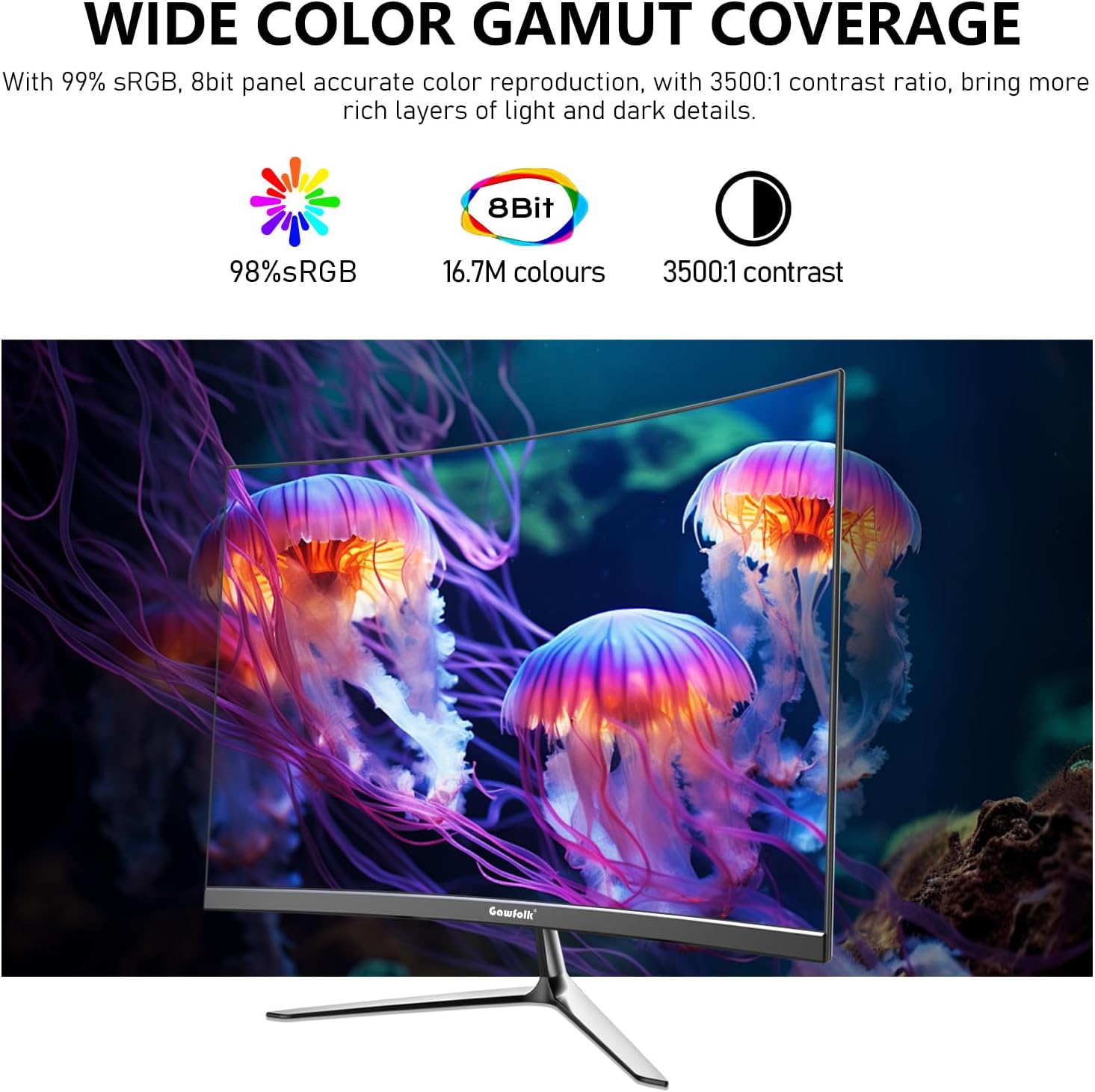 Gawfolk 34 Inch Ultrawide Curved 144Hz Gaming Computer Monitor 1500R PC Screen 21:9 UWQHD (3440x1440),Adaptive Sync,178° Viewing Angle,Display Port、HDMI 2.0, VESA75x75MM-Black